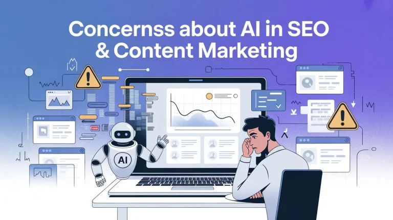 Concerns About AI in SEO and Content Marketing showing AI-generated content risks, declining search rankings, and challenges in modern SEO strategies