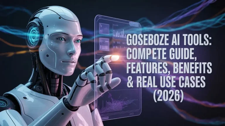 Goseboze AI Tools futuristic AI robotics concept showing automation, SEO analytics, and digital productivity tools in 2026