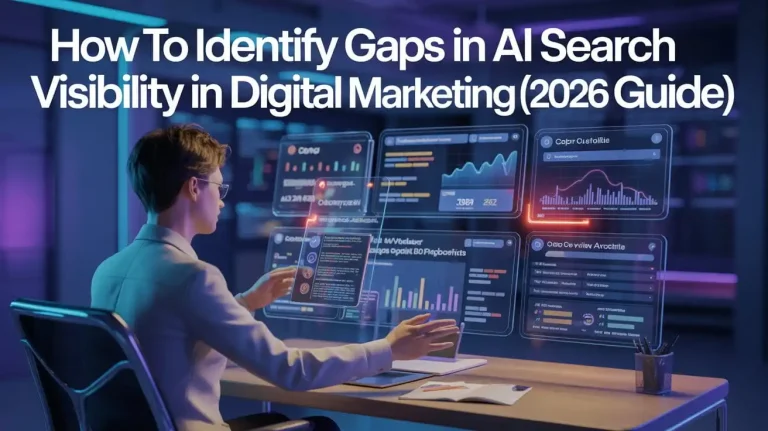 How to Identify Gaps in AI Search Visibility in Digital Marketing (2026 Guide) feature image showing AI SEO analytics dashboard, search visibility gaps, SERP tracking, and digital marketing performance analysis